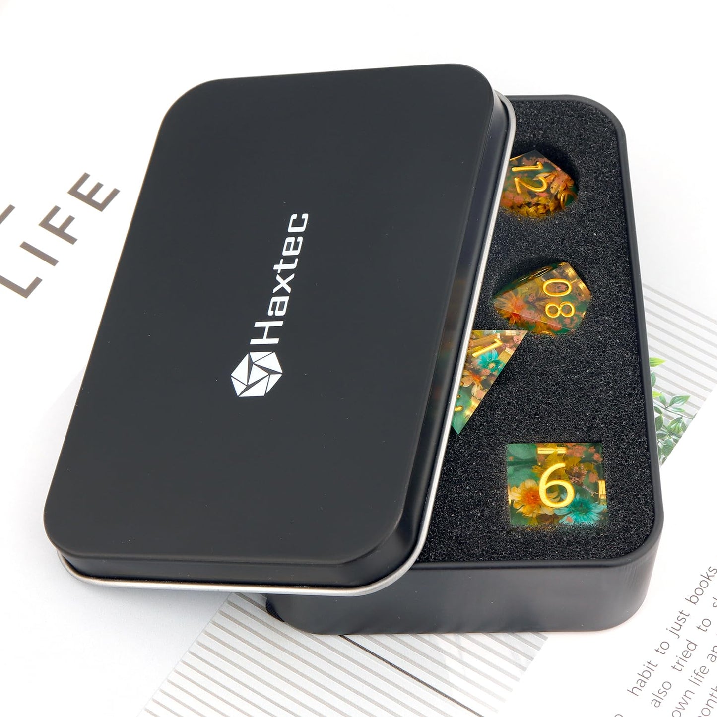 Haxtec Spring Flower Sharp Edge Resin D&D Dice Set – Pearl Green with Floral Inside & Metal Case