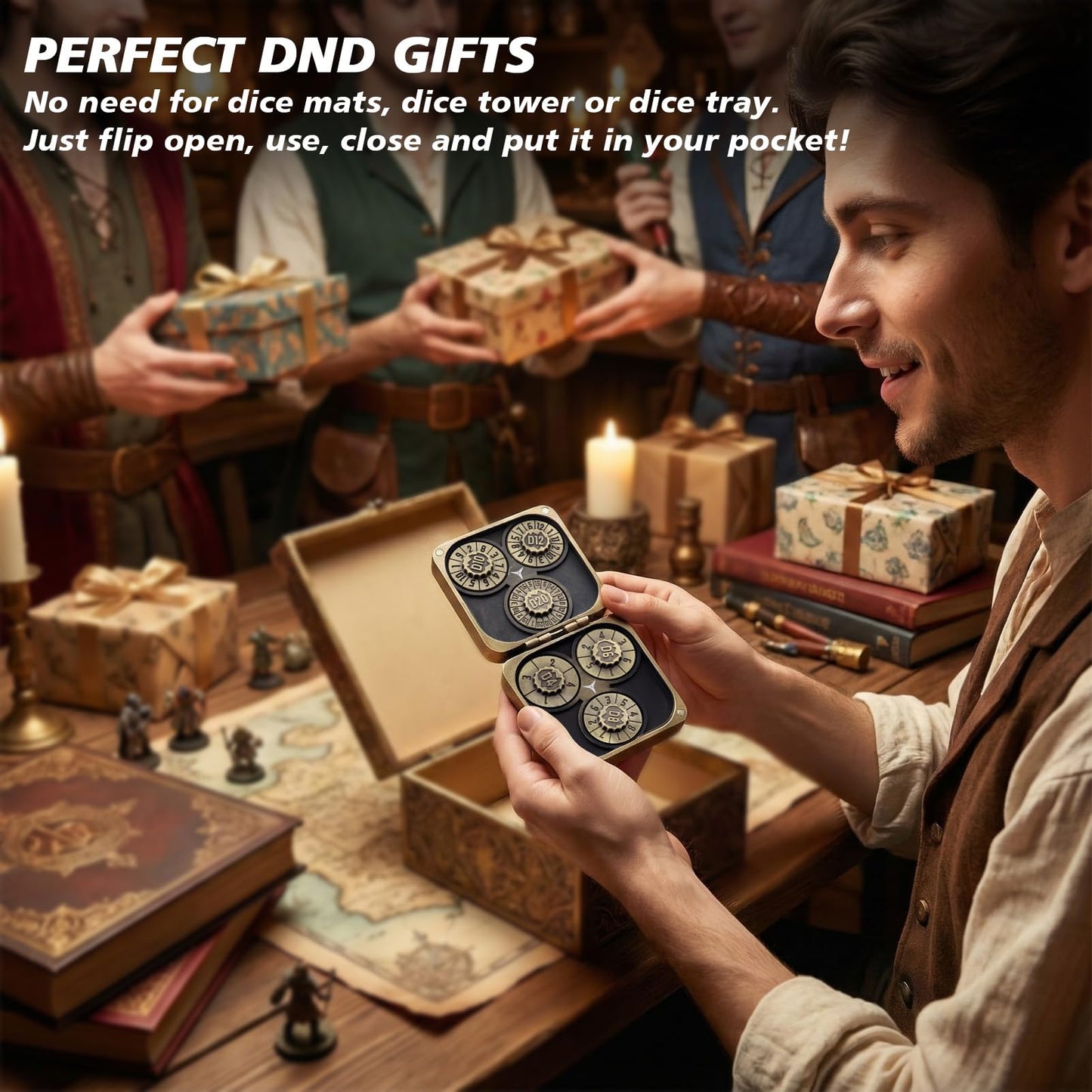 Haxtec Spinner Dice – Foldable 7-in-1 Metal Pocket RPG Set,Bronze