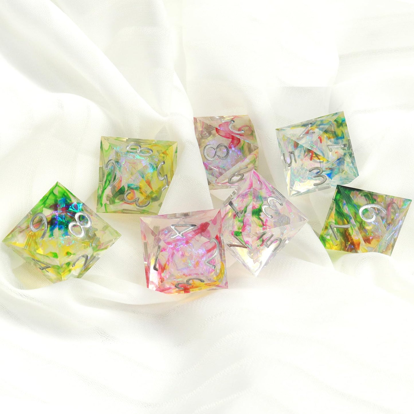 Haxtec Clear Resin Sharp Edge DND Dice Set – Rainbow Holographic Polyhedral Dice with Metal Case