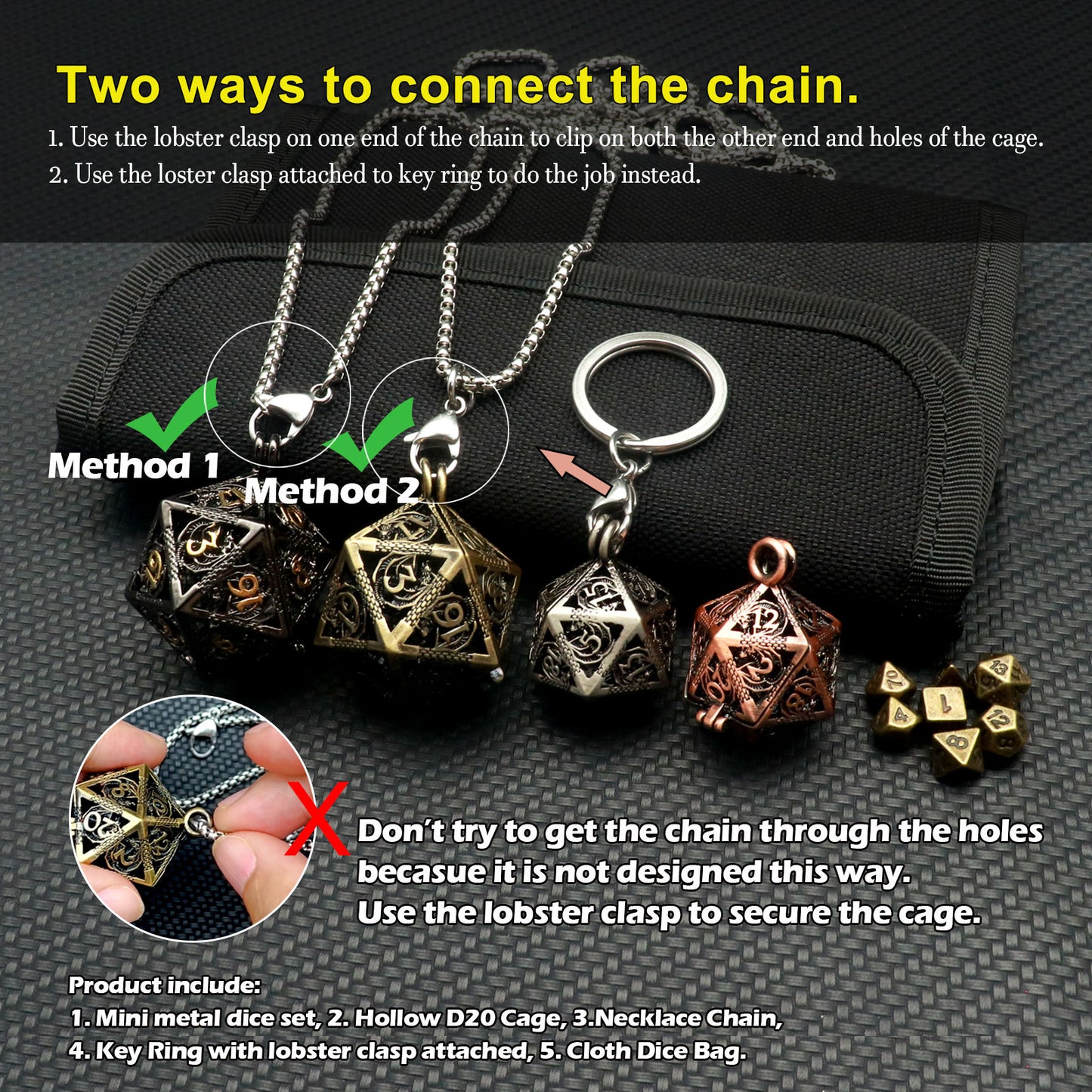 Haxtec Mini Metal Dice Set D&D with Hollow D20 Dice Case Metal Keychain Dice