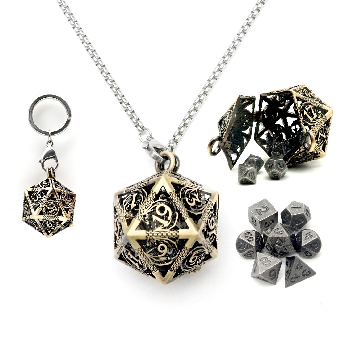 Haxtec Mini Metal Dice Set D&D with Hollow D20 Dice Case Metal Keychain Dice