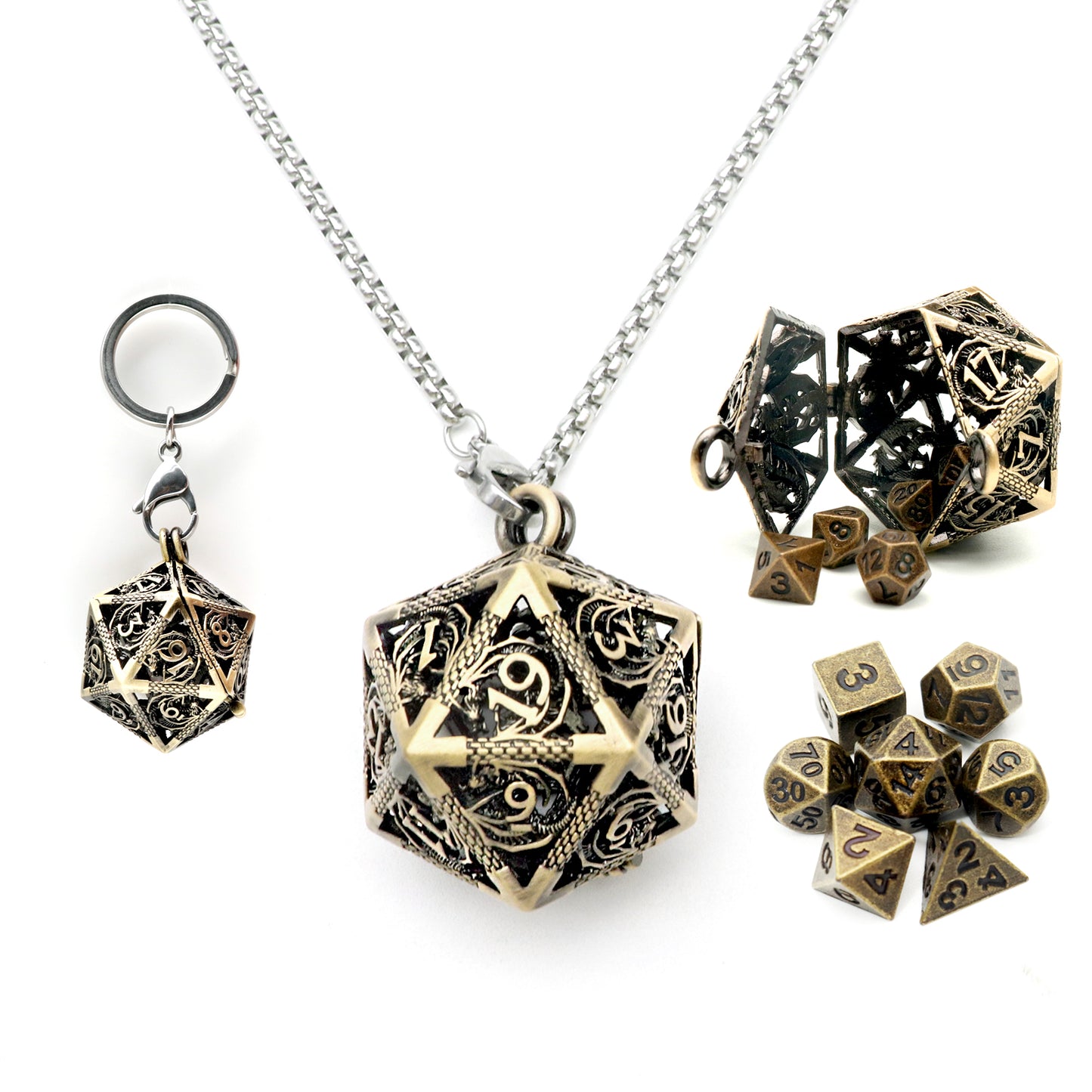 Haxtec Mini Metal Dice Set D&D with Hollow D20 Dice Case Metal Keychain Dice