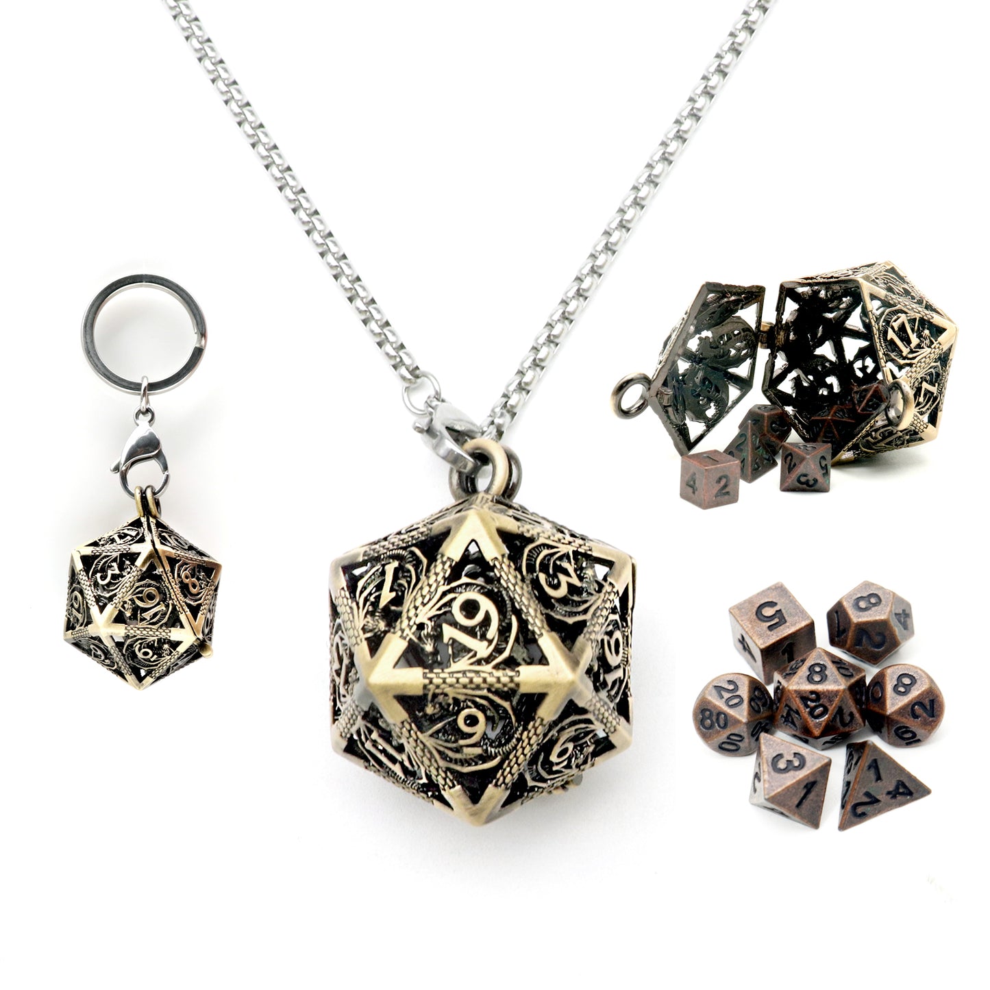 Haxtec Mini Metal Dice Set D&D with Hollow D20 Dice Case Metal Keychain Dice