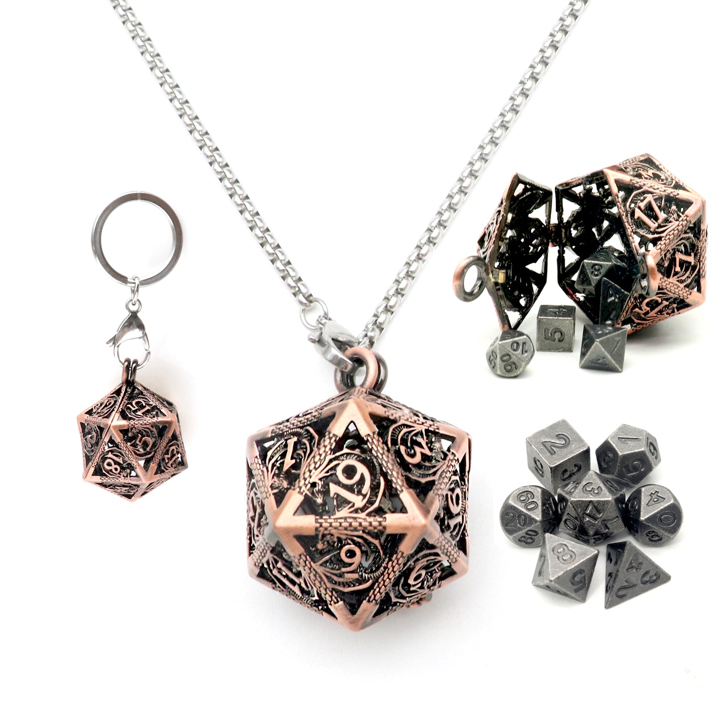 Haxtec Mini Metal Dice Set D&D with Hollow D20 Dice Case Metal Keychain Dice