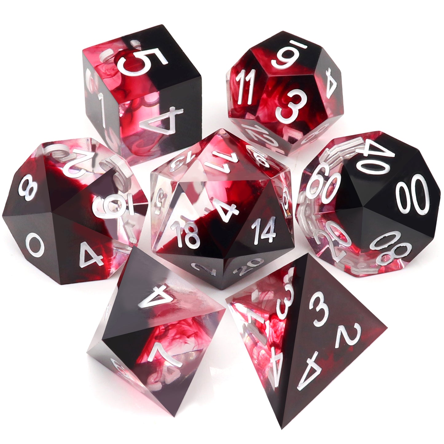 Haxtec Sharp Edge DND Dice Set Red Blood Swirls Resin Dice D&D Dice with Dice Case for RPG Role Playing Games Dungeons and Dragons Gift-White Ink