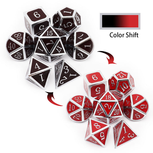 heat sensitive dice, temperature color changing dice, temperature dice, dices change colors with temperature, metal dice red, metal dice black , silver black red metal dice, metal dnd dice, rpg metal dice