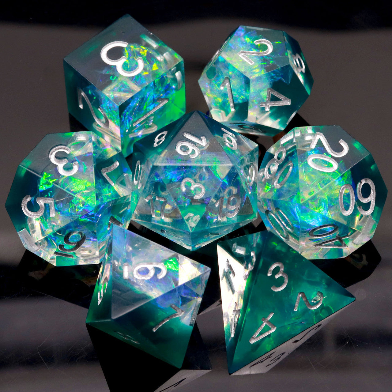 green sharp edged dnd dice set resin sharp dice with iridescent inclusion