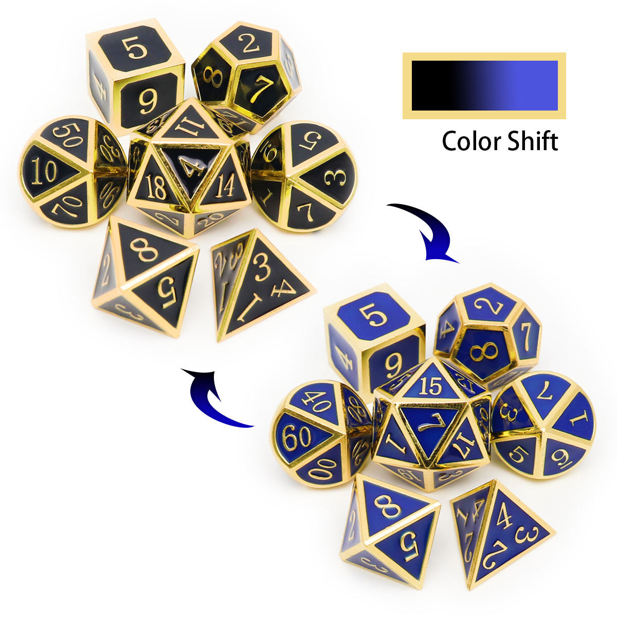 temperature color changing metal dnd dice, color changing dice, dnd dice set, gold black blue dice, temeparature dice, metal dice