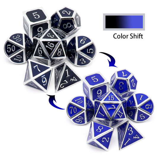 silver black blue dice, metal dice, black blue dice, silver metal dice, color changing dice, metal dice, temperature dice