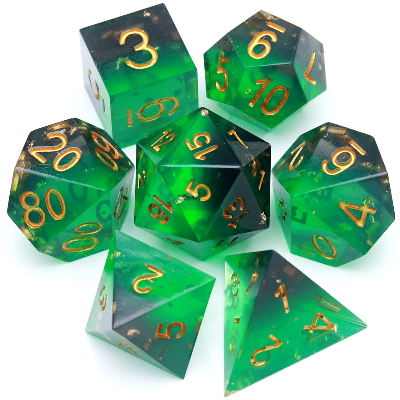 Haxtec Sharp Edge Resin Dice Set Green Black Gold Foil  War Series With Velvet Dice Vault-Green Black War