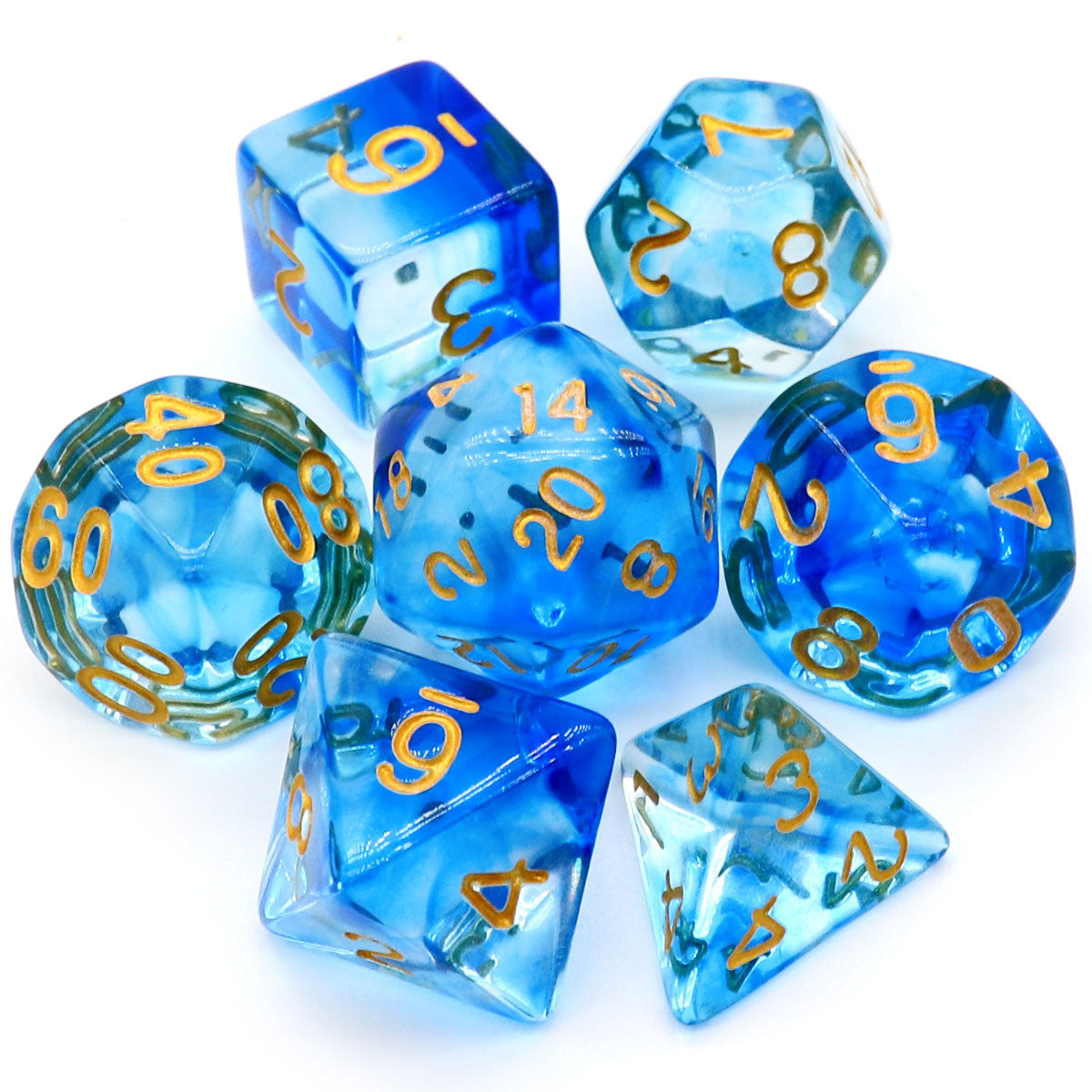 blue dice, clear dice, dnd dice, rpg dice, polyhedral dice, translucent dice, vapor dice, wisp dice, ink dice, swirl dice