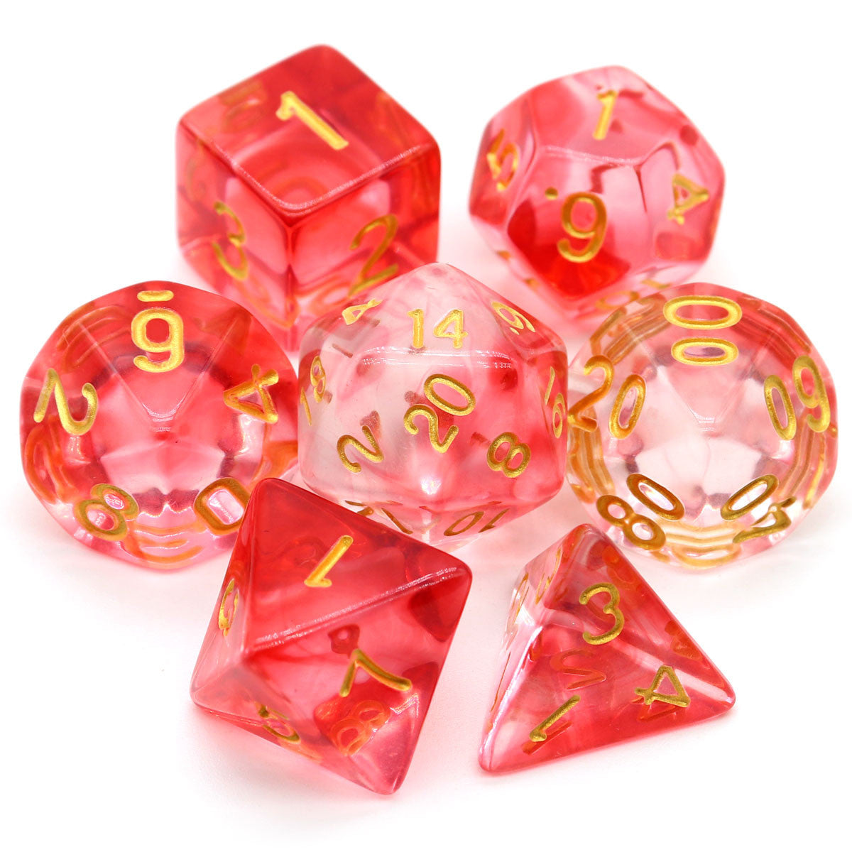 red dice, dnd dice, rpg dice, polyhedral dice, vapor dice, swirl dice, clear dice