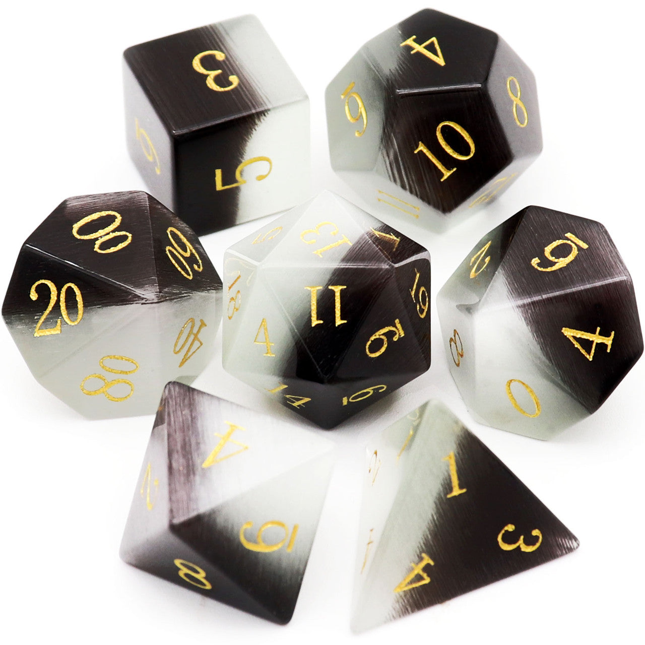 black and white cat eye stone dnd dice set gemstone