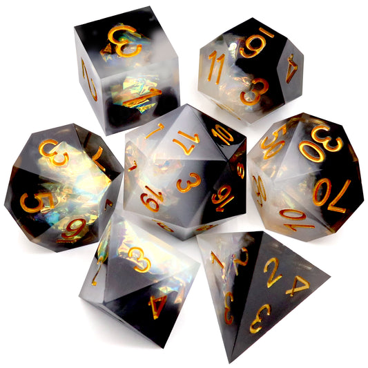 Haxtec Sharp Edge Dice Set DND Dice Black and White Resin Dice Iridecent Mylar Galaxy D&D Dice for RPG Role Playing Dungeons and Dragons Gift