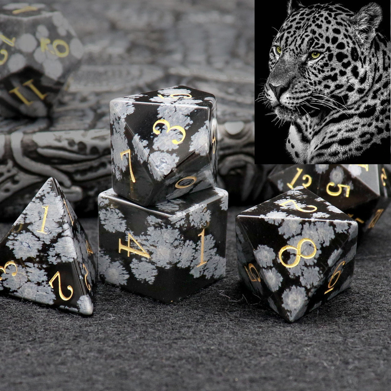 snowflake obsidian dice, gemstone dice, dnd dice, haxtec dice, natural stone dice