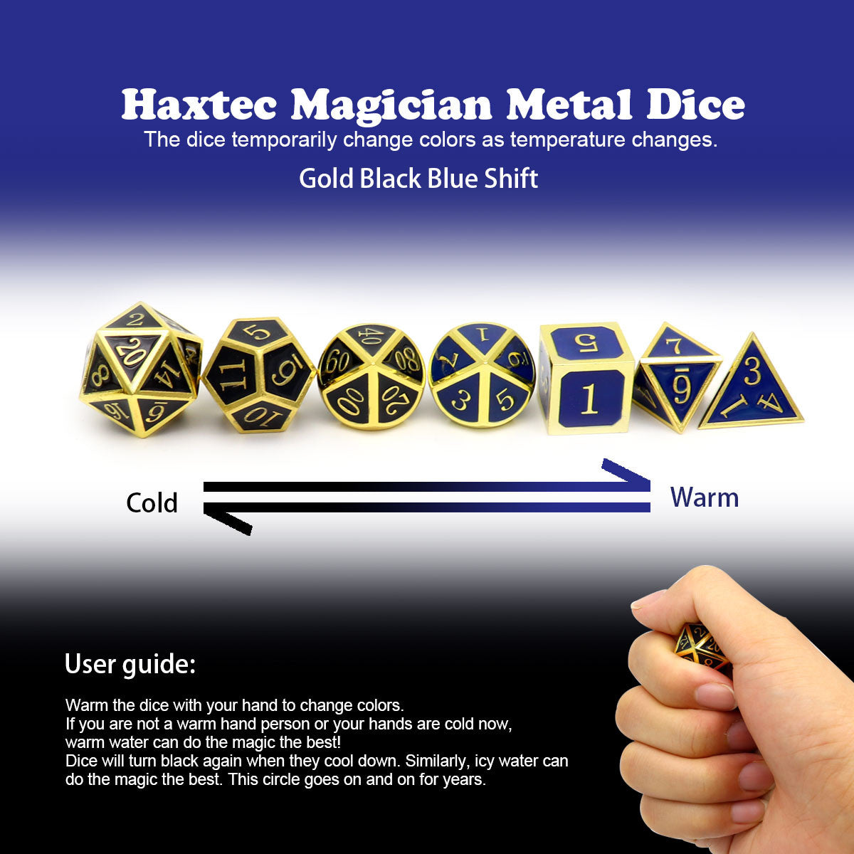 temperature color changing metal dnd dice, color changing dice, dnd dice set, gold black blue dice, temeparature dice, metal dice