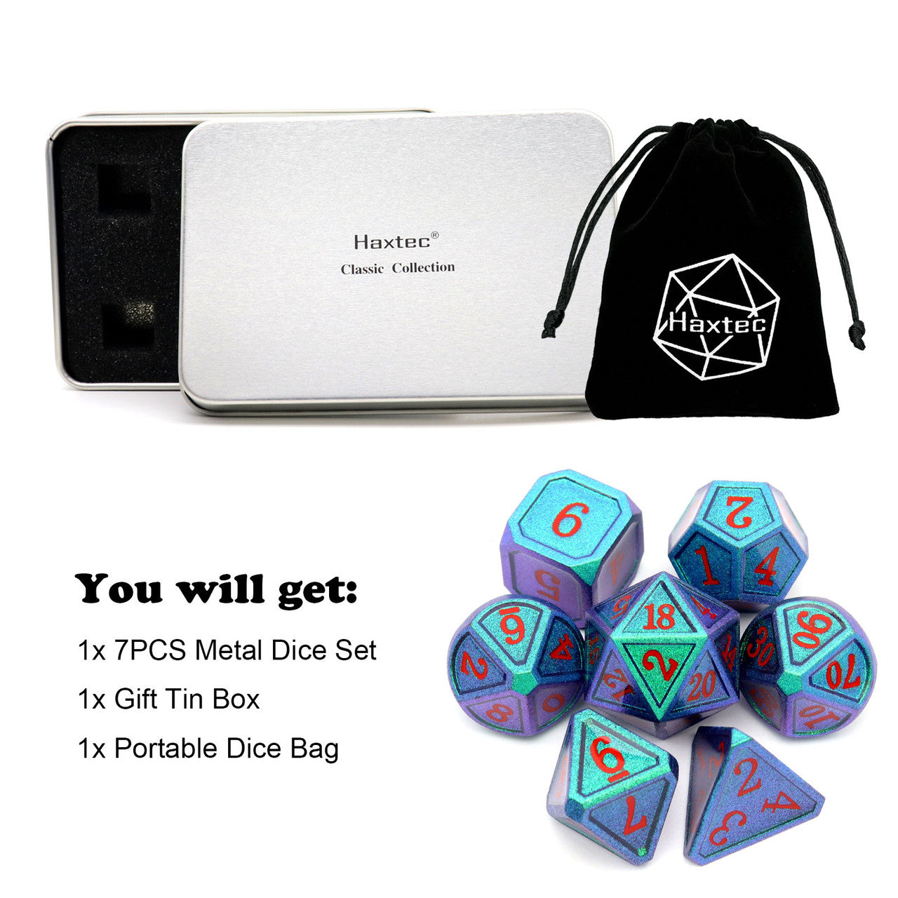 Haxtec Chameleon Metal DND Dice Color Changing Dice-Noble Green Purple Shift Red Numbers