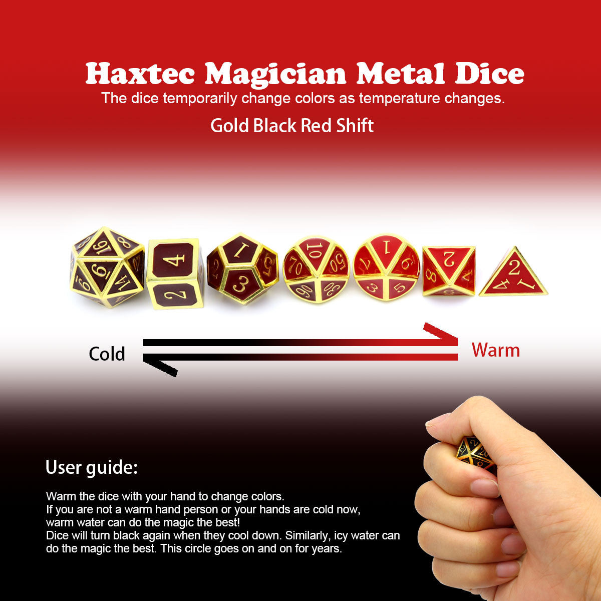 heat sensitive dice, temperature color changing dice, temperature dice, dices change colors with temperature, metal dice red, metal dice black , gold black red metal dice, metal dnd dice, rpg metal dice