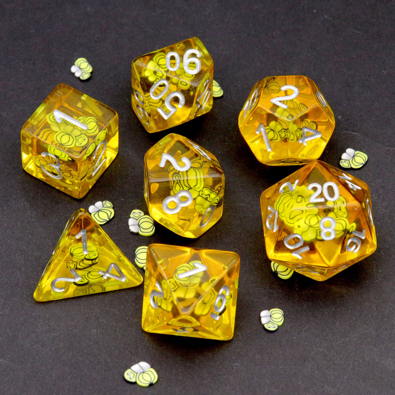 honey dice, yellow dice, dnd dice yellow, bee dice, hornet dice, bee resin dice, resin dice ,resin dice set, dice set , dnd dice set, dice set d&d, rpg dice, polyhedral dice set, handmade dice, haxtec dice, filled dice, filled resin dice