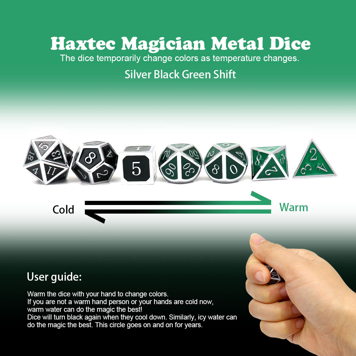 silver black green metal dice, color changing metal dice, temperature color changing dice, temperature sensitive dice, metal dnd dice, dnd dice, silver black metal dice, silver green metal dice
