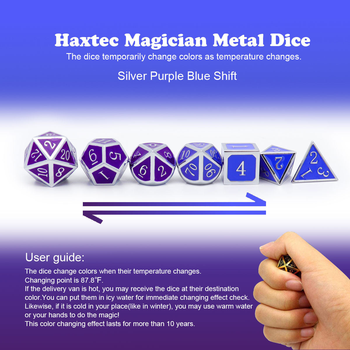 Temperature Sensitive Color Changing Metal DND Dice Set-Silver Purple Blue Shift