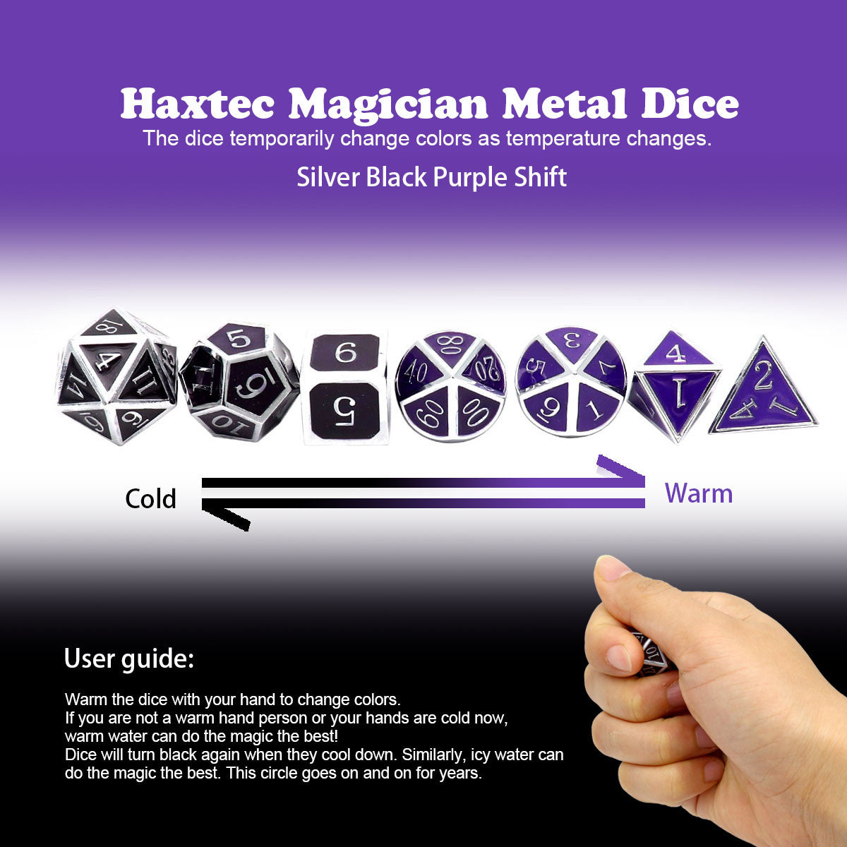 metal dice , silver black purple metal dice, color changing metal dice, temperature color changing dice, thermo-sensitive dice, dragon dice, silver metal dice, black metal dice, purple metal dice,