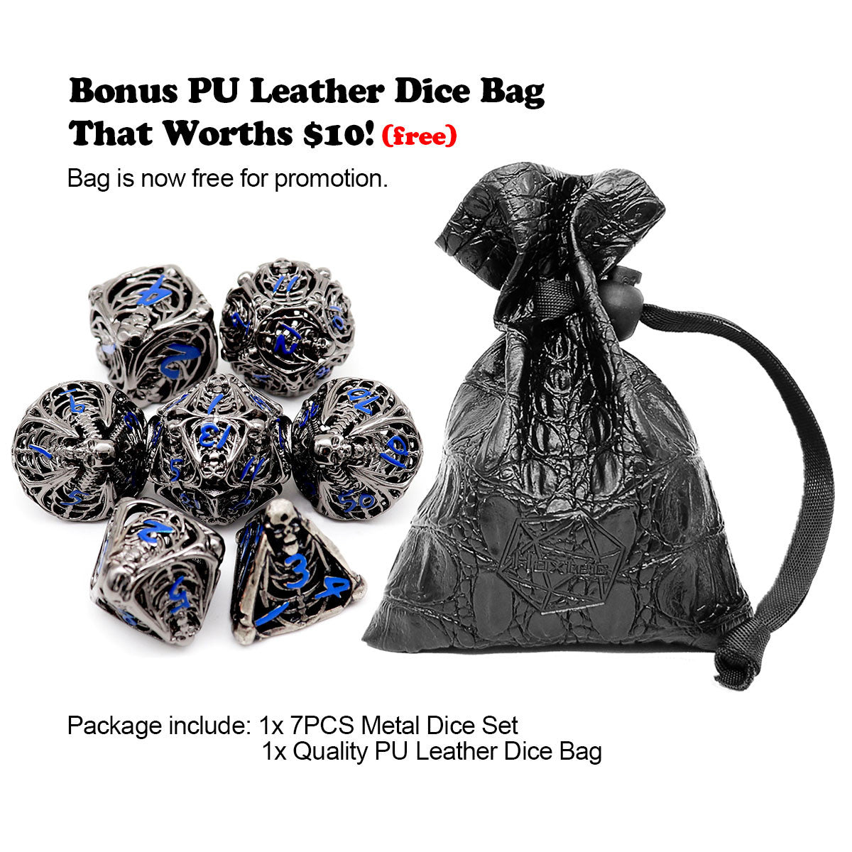 Haxtec Hollow Metal DND Dice Set Skeleton RPG Dice-Black Blue