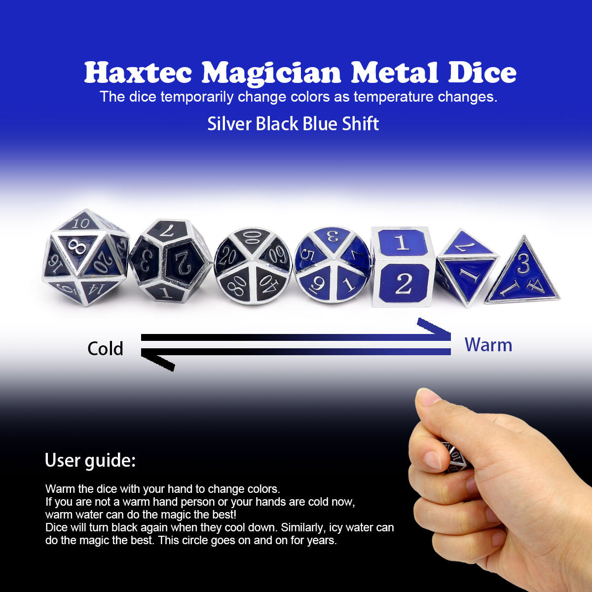 silver black blue dice, metal dice, black blue dice, silver metal dice, color changing dice, metal dice, temperature dice