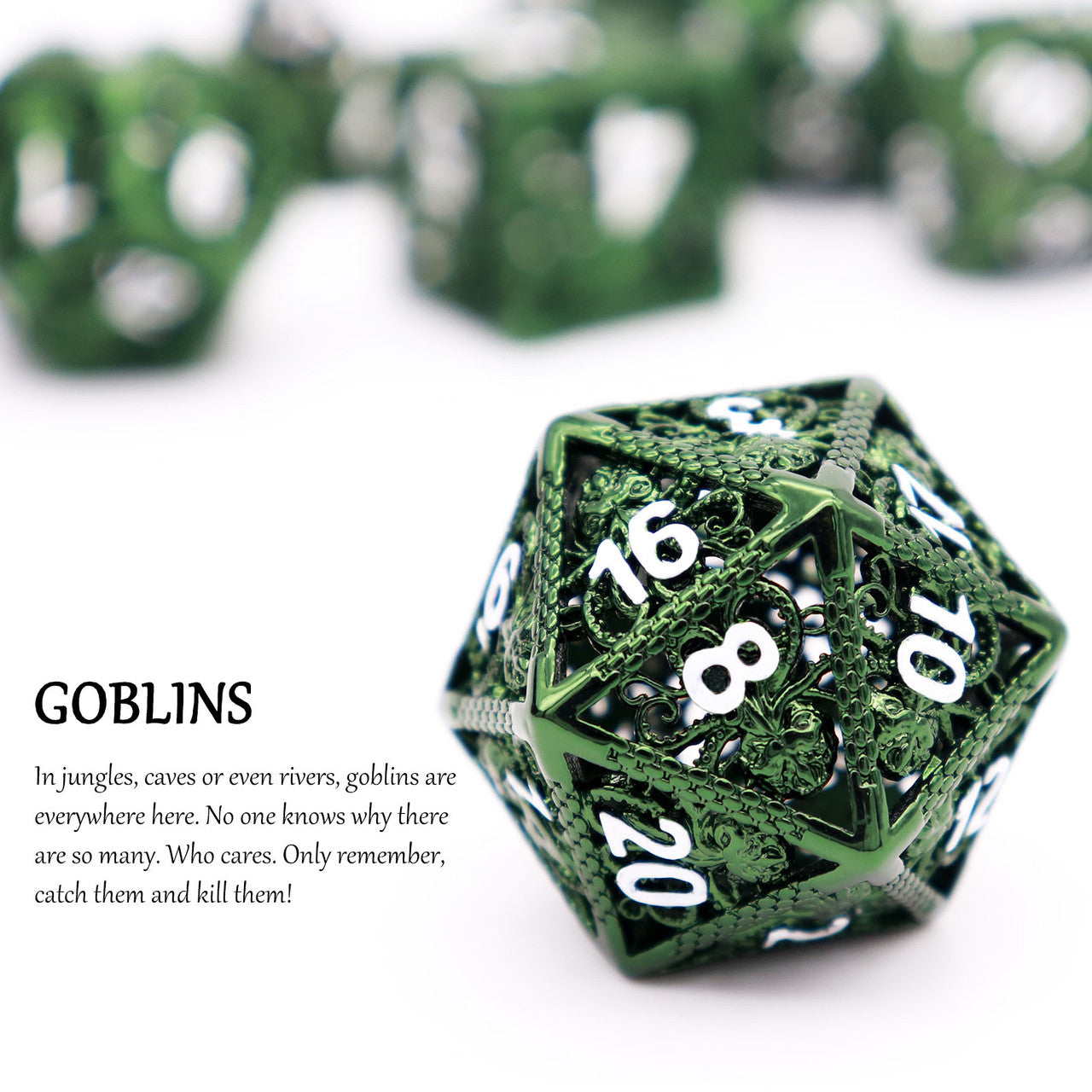 Haxtec Hollow Metal DND Dice Set Octopus Kraken Mind Flayer Dice-Green White Numbers
