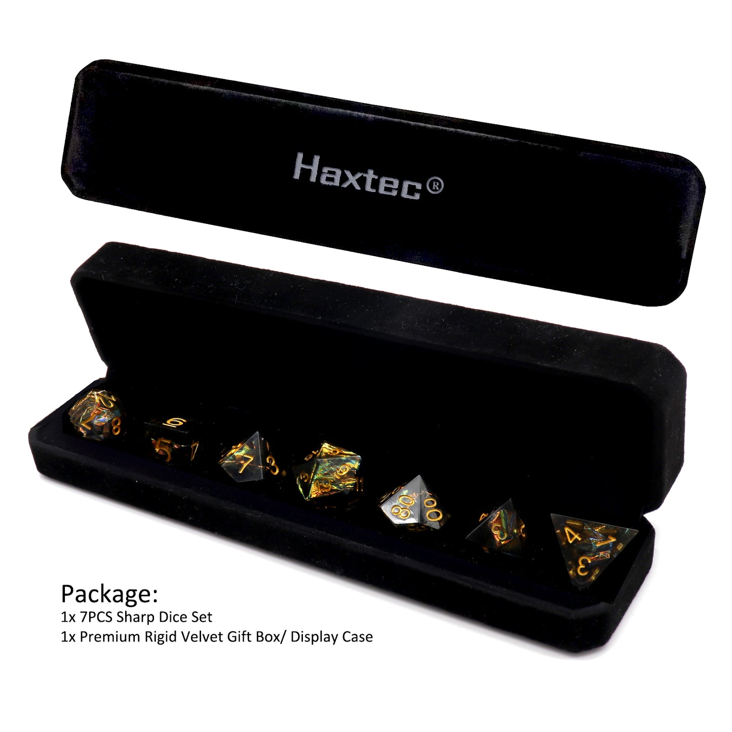 Haxtec Sharp Edge Dice Set DND Dice Black Resin Dice Iridecent Mylar Galaxy D&D Dice for RPG Role Playing Dungeons and Dragons Gift