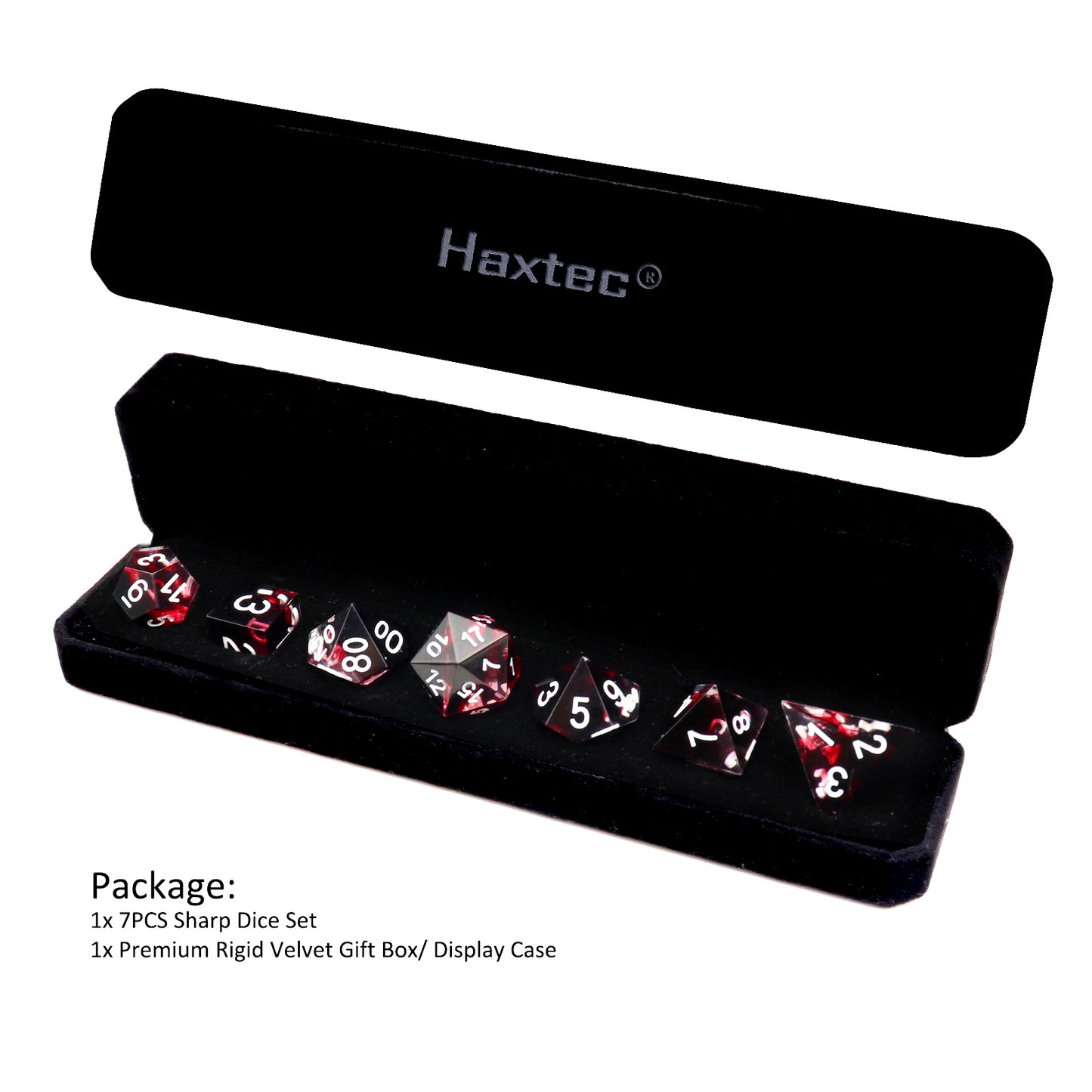 Haxtec Sharp Edge DND Dice Set Red Blood Swirls Resin Dice D&D Dice with Dice Case for RPG Role Playing Games Dungeons and Dragons Gift-White Ink