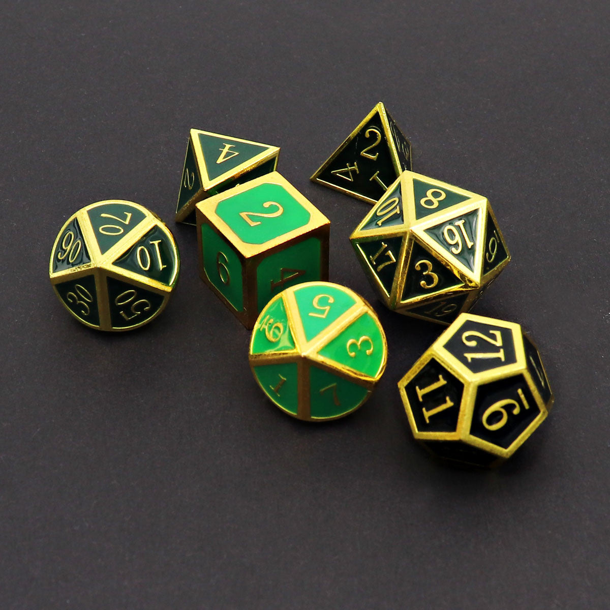 color changing metal dice, metal dnd dice , dnd dice set, gold dice, black dice, green dice, temperature dice, gold green metal dice