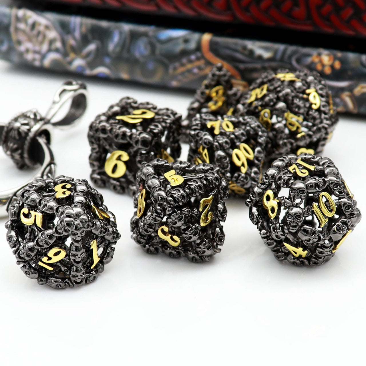 black gold metal dice hollow skull dice set