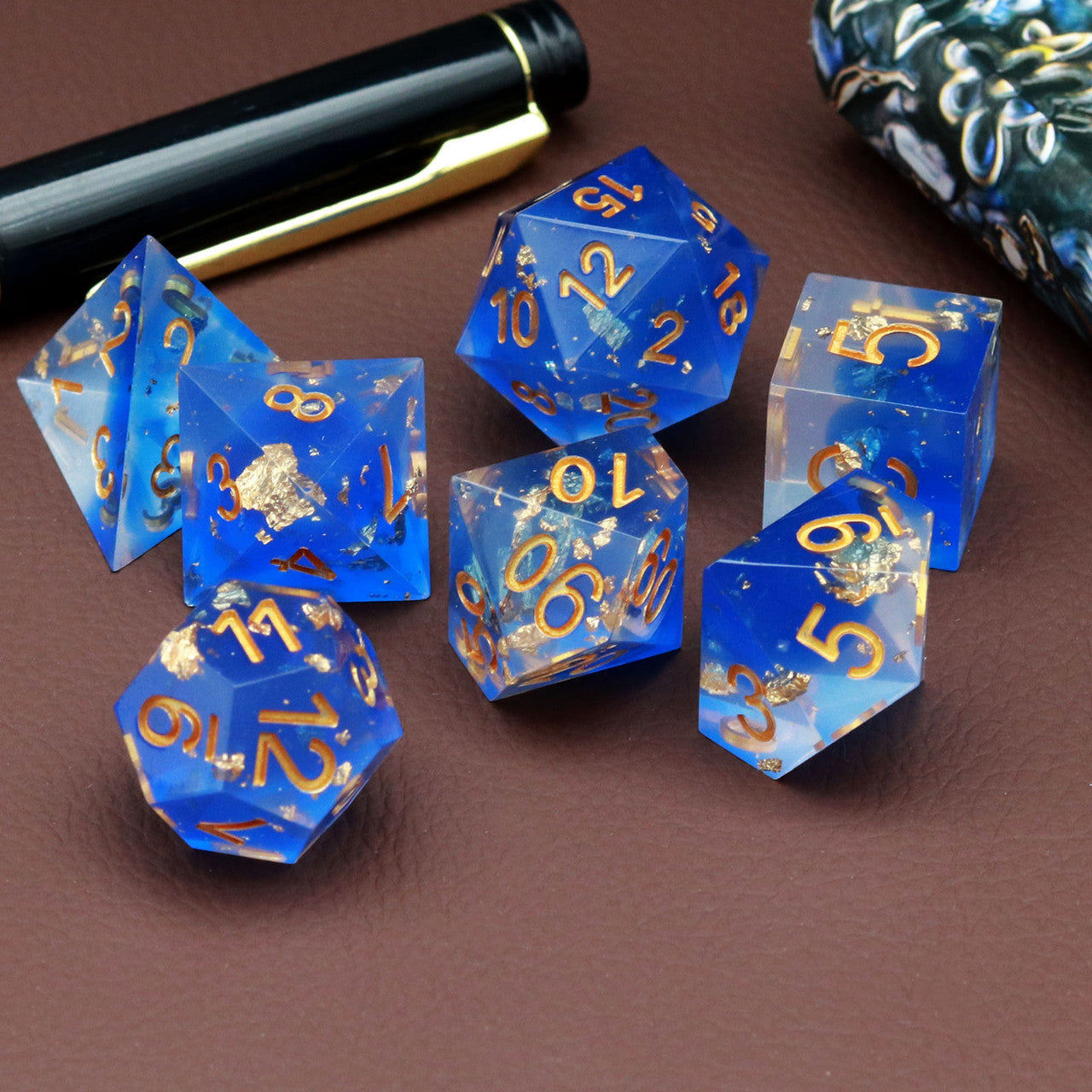 Haxtec Sharp Edge Resin Dice Set Blue Clear Gold Foil Inclusion War Series With Velvet Dice Vault