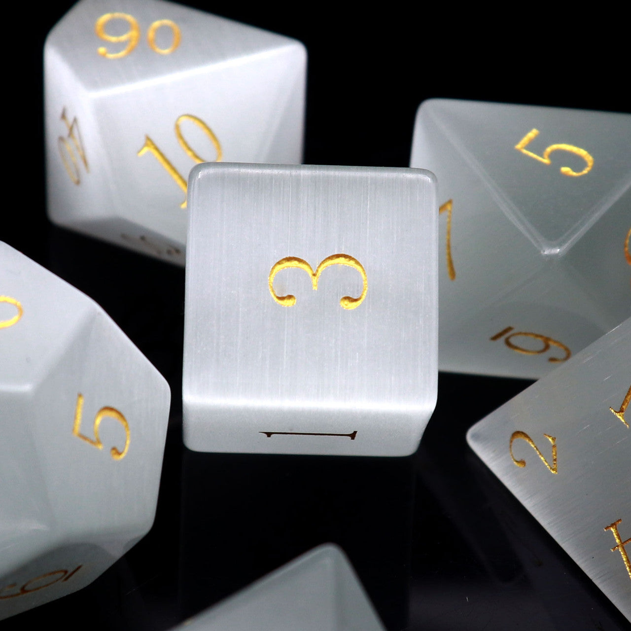 white cat eye gemstone dnd dice set rpg polyhedral