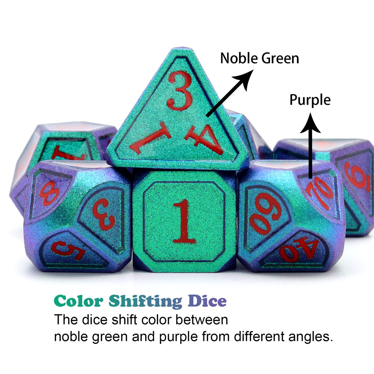 Haxtec Chameleon Metal DND Dice Color Changing Dice-Noble Green Purple Shift Red Numbers