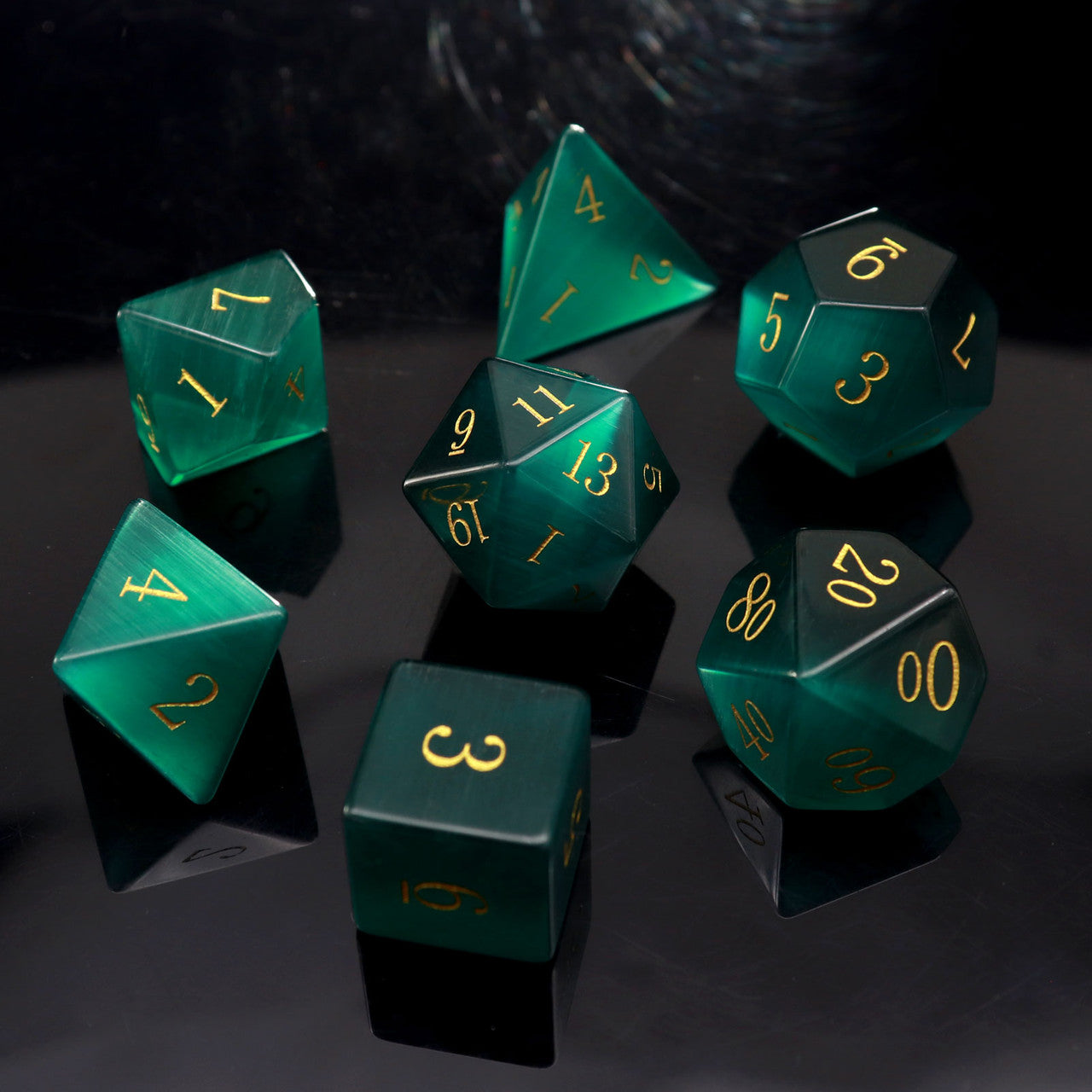 Emerald Green Cat Eye Gemstone Dice Set with Premium Dice Case