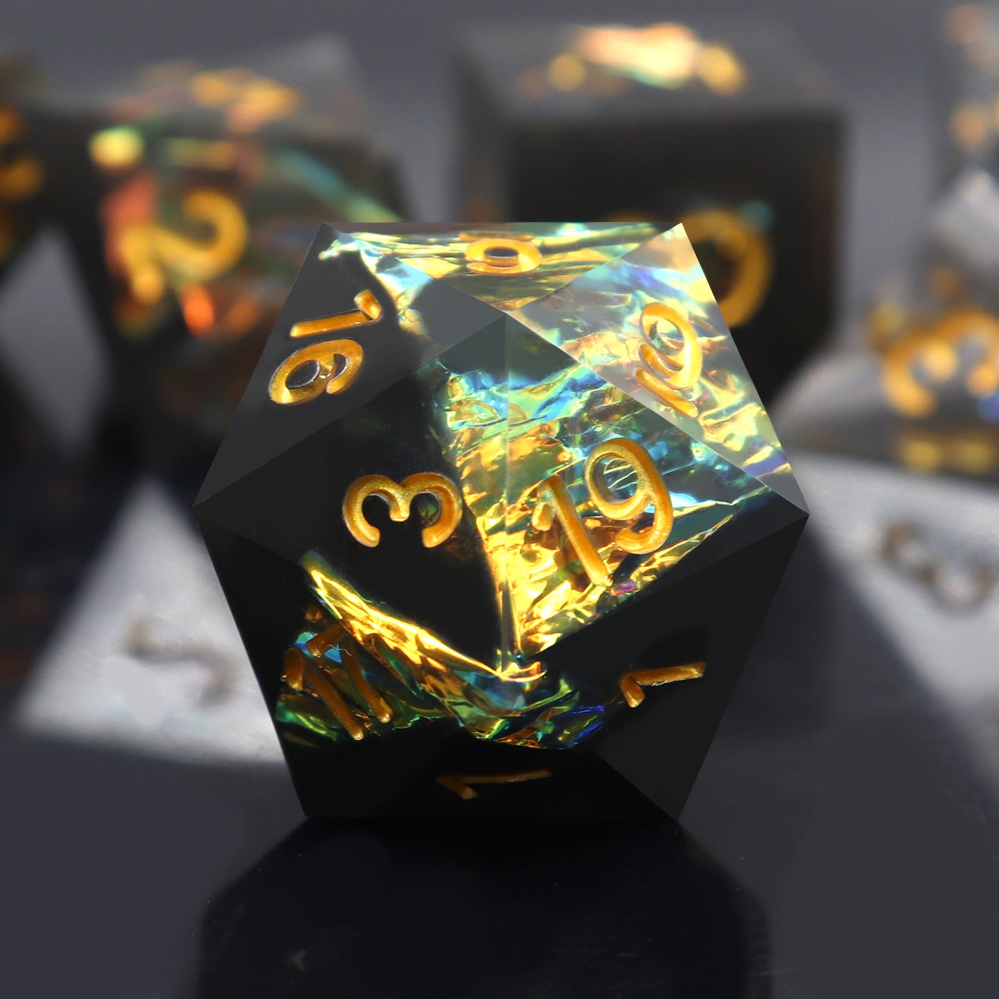 Haxtec Sharp Edge Dice Set DND Dice Black Resin Dice Iridecent Mylar Galaxy D&D Dice for RPG Role Playing Dungeons and Dragons Gift