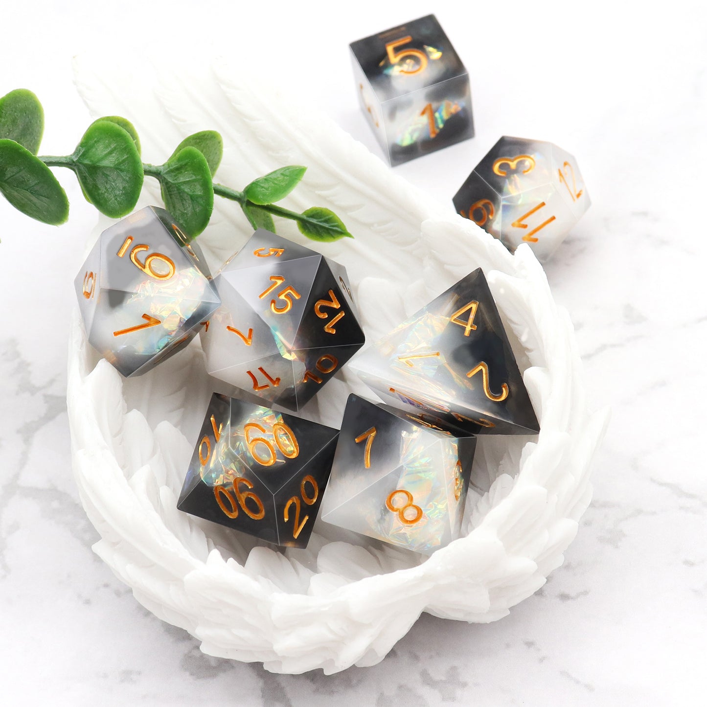 Haxtec Sharp Edge Dice Set DND Dice Black and White Resin Dice Iridecent Mylar Galaxy D&D Dice for RPG Role Playing Dungeons and Dragons Gift