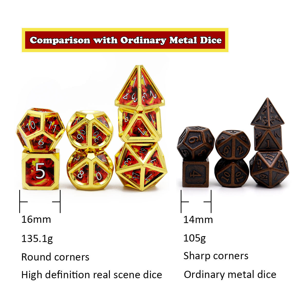 Haxtec Real Scene Metal Dice Set Gold Red Yellow RPG Dice for DND 5E Spell-Fire Ball