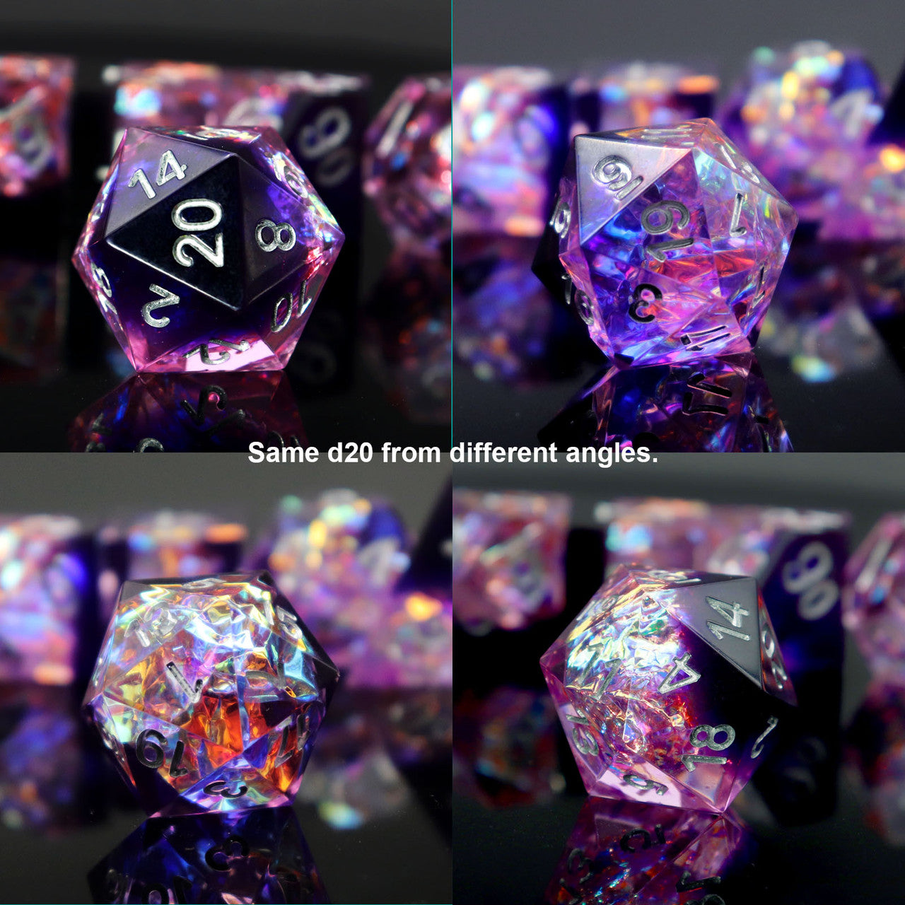 purple clear mylar inclusion sharp edge dice set with dice vault