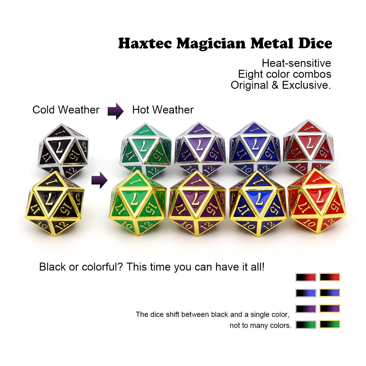 Temperature Sensitive Color Changing Metal DND Dice Set-Silver Black Blue Shift