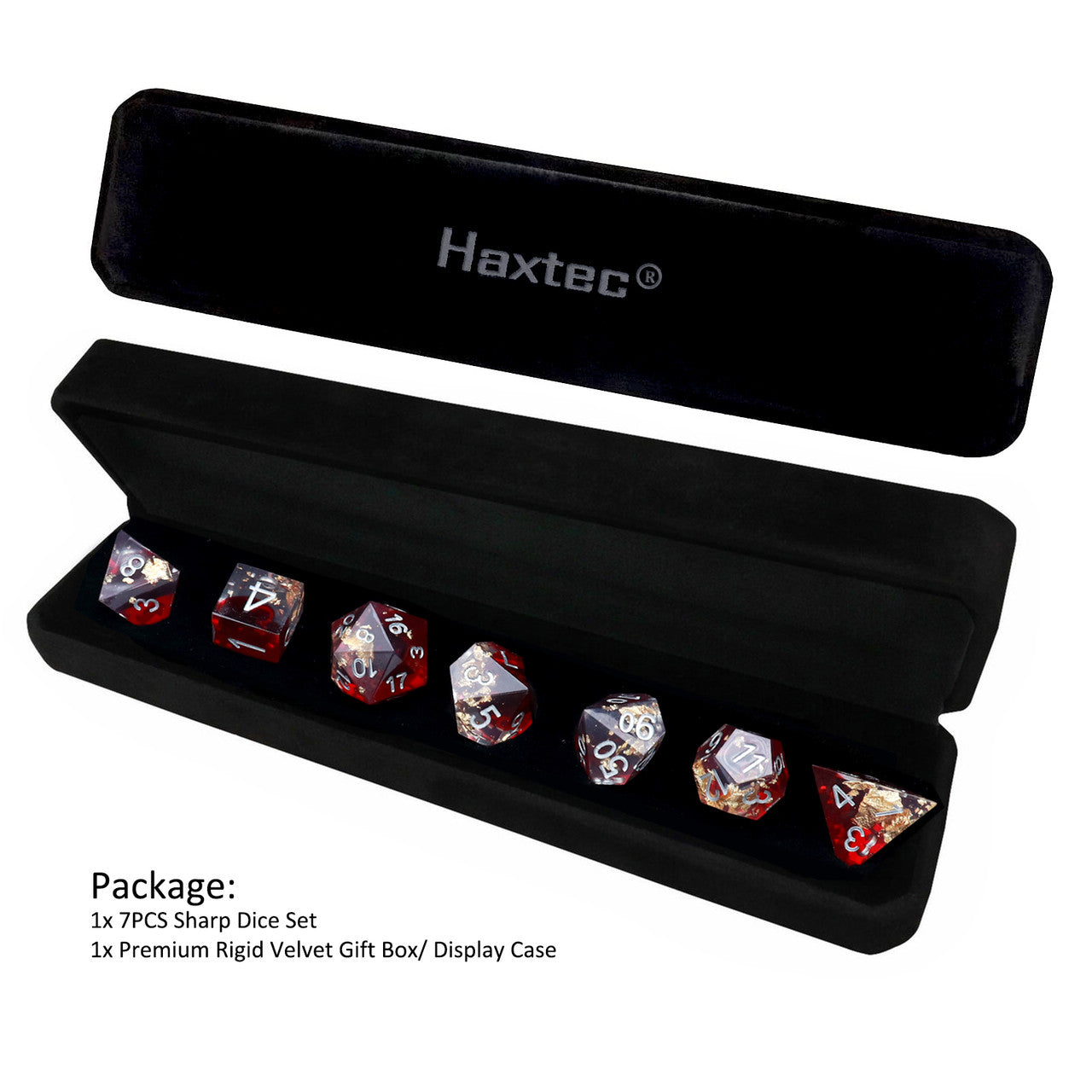 Haxtec Sharp Edge Resin Dice Set Red Clear Gold Foil  War Series With Velvet Dice Vault-Red Clear War
