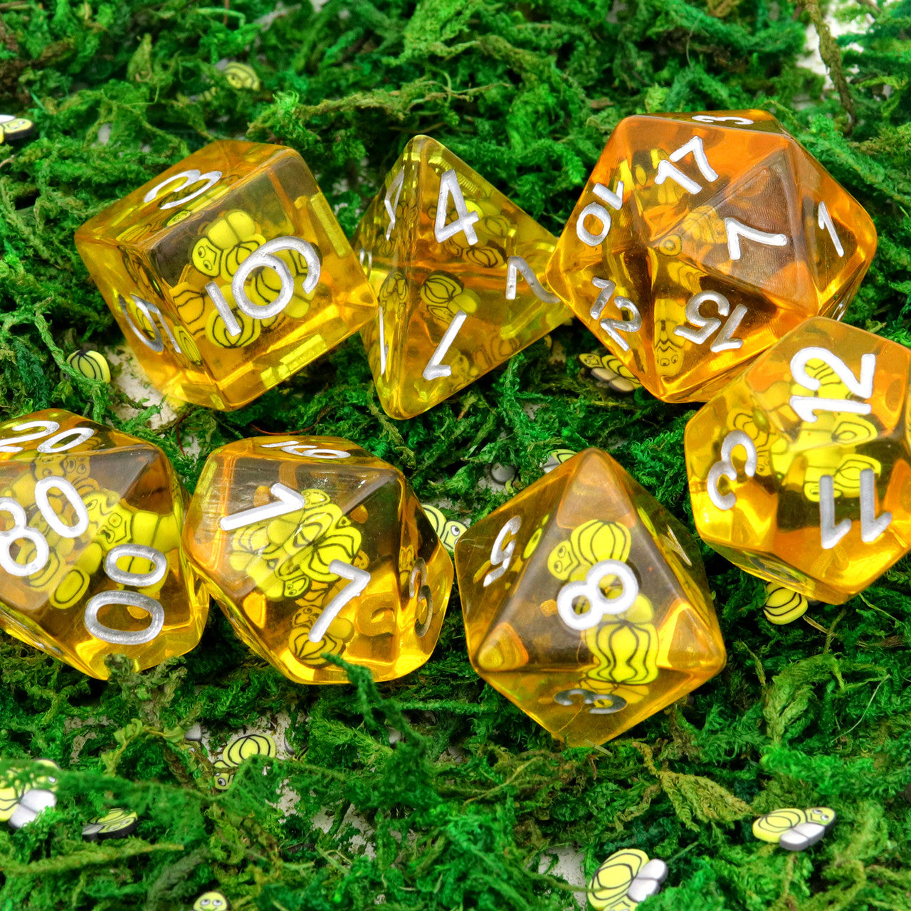 honey dice, yellow dice, dnd dice yellow, bee dice, hornet dice, bee resin dice, resin dice ,resin dice set, dice set , dnd dice set, dice set d&d, rpg dice, polyhedral dice set, handmade dice, haxtec dice, filled dice, filled resin dice