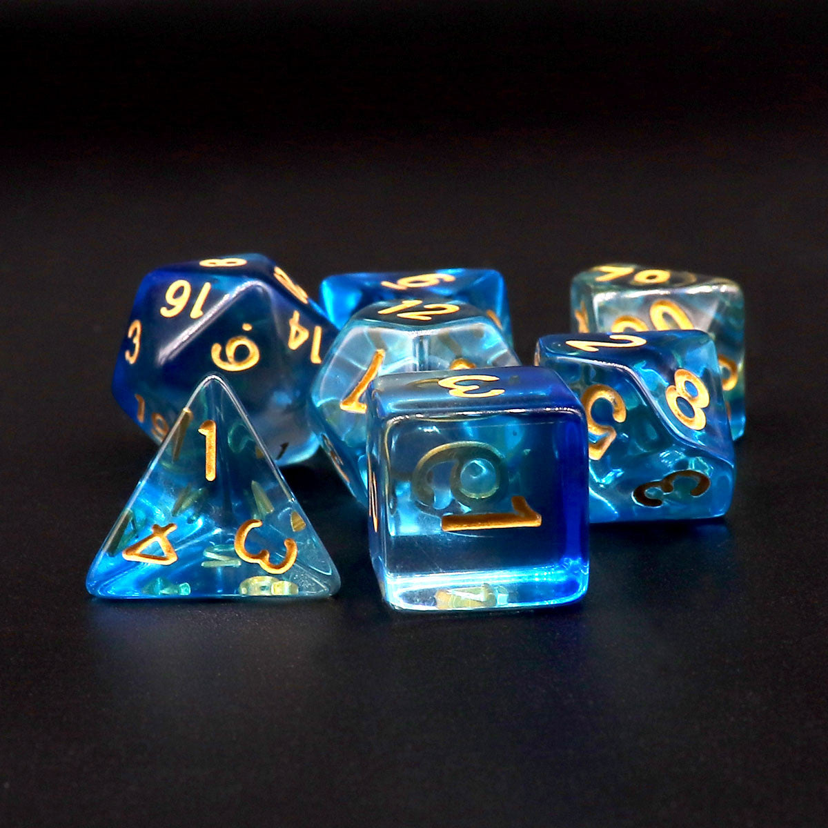 blue dice, clear dice, dnd dice, rpg dice, polyhedral dice, translucent dice, vapor dice, wisp dice, ink dice, swirl dice