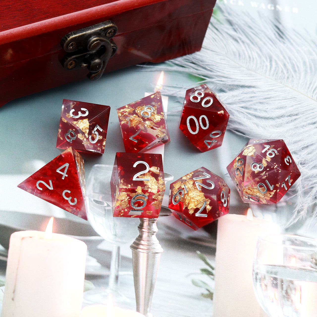 red sharp edge dnd dice set resin dice by haxtec