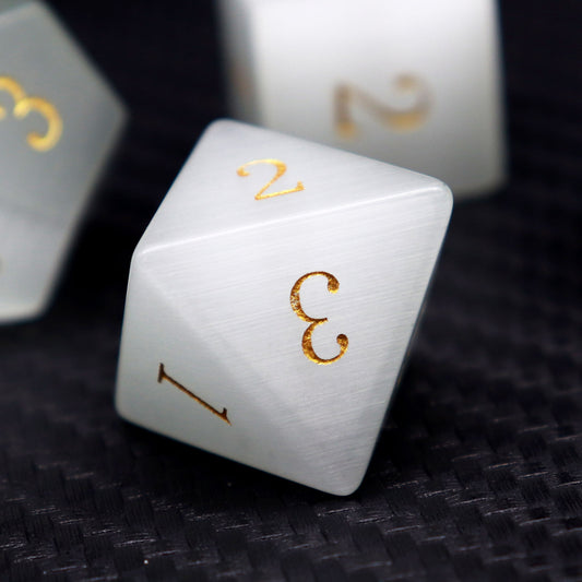 white cat eye gemstone dnd dice set rpg polyhedral