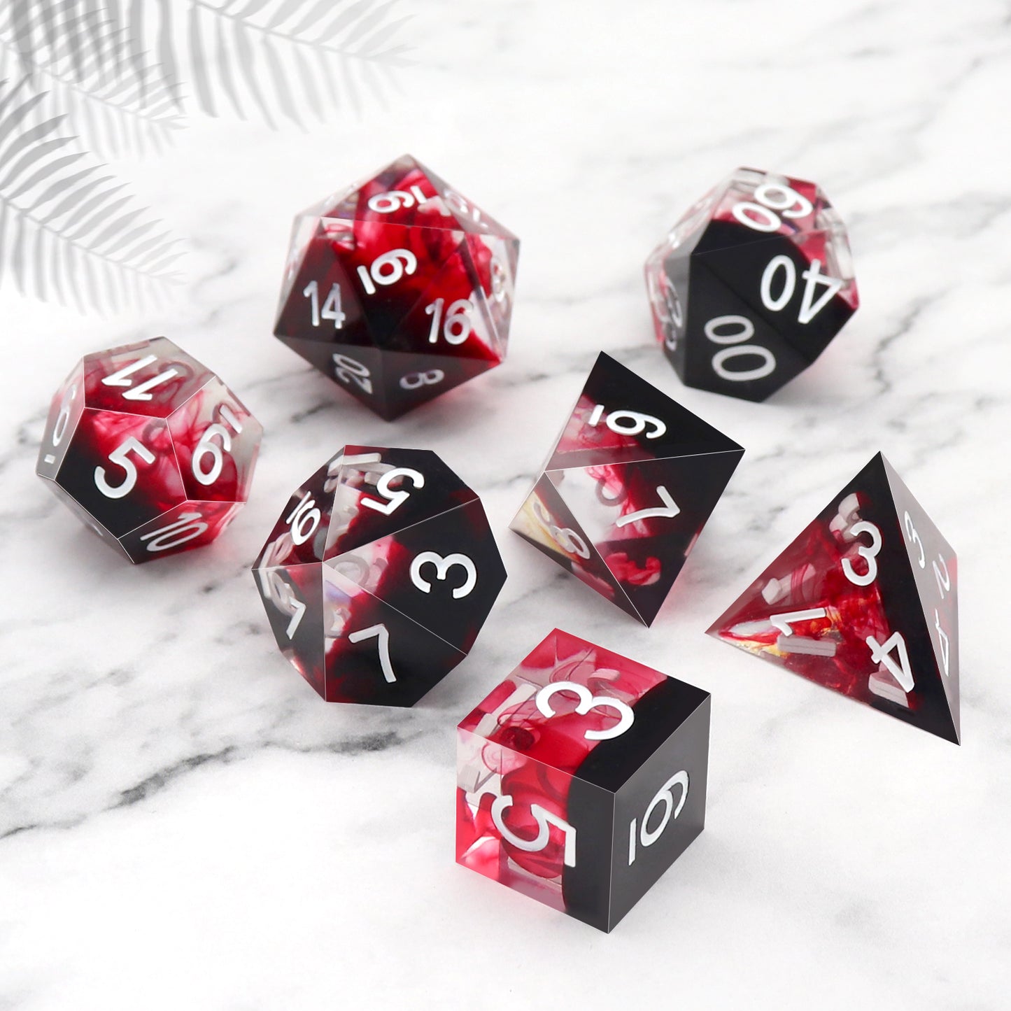 Haxtec Sharp Edge DND Dice Set Red Blood Swirls Resin Dice D&D Dice with Dice Case for RPG Role Playing Games Dungeons and Dragons Gift-White Ink