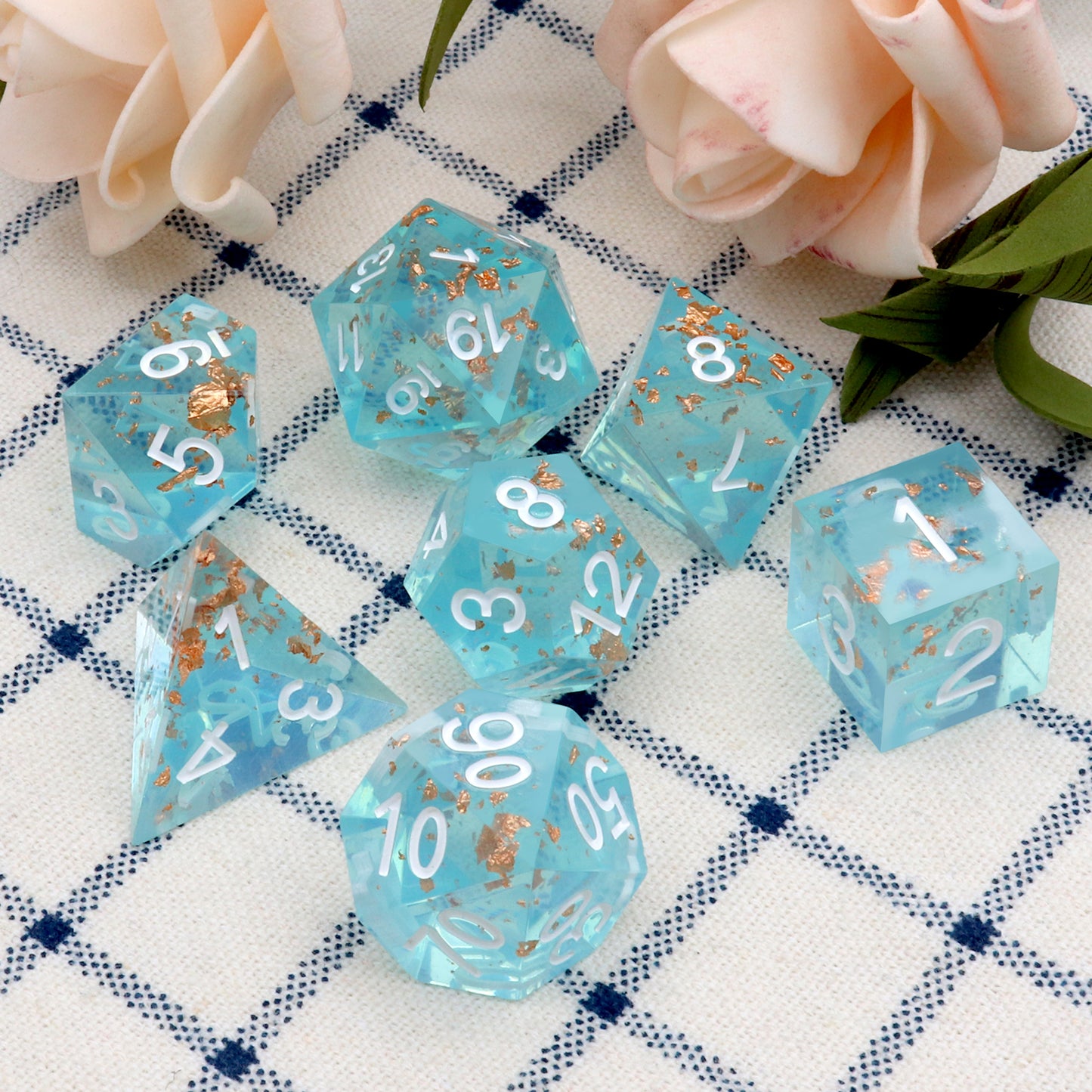 Haxtec DND Dice Set Sharp Edge Resin Dice with Dice Case Teal Rosegold Foil D&D Dice for RPG Role Playing Games Dungeons and Dragons Gift-Sharp Wonderland