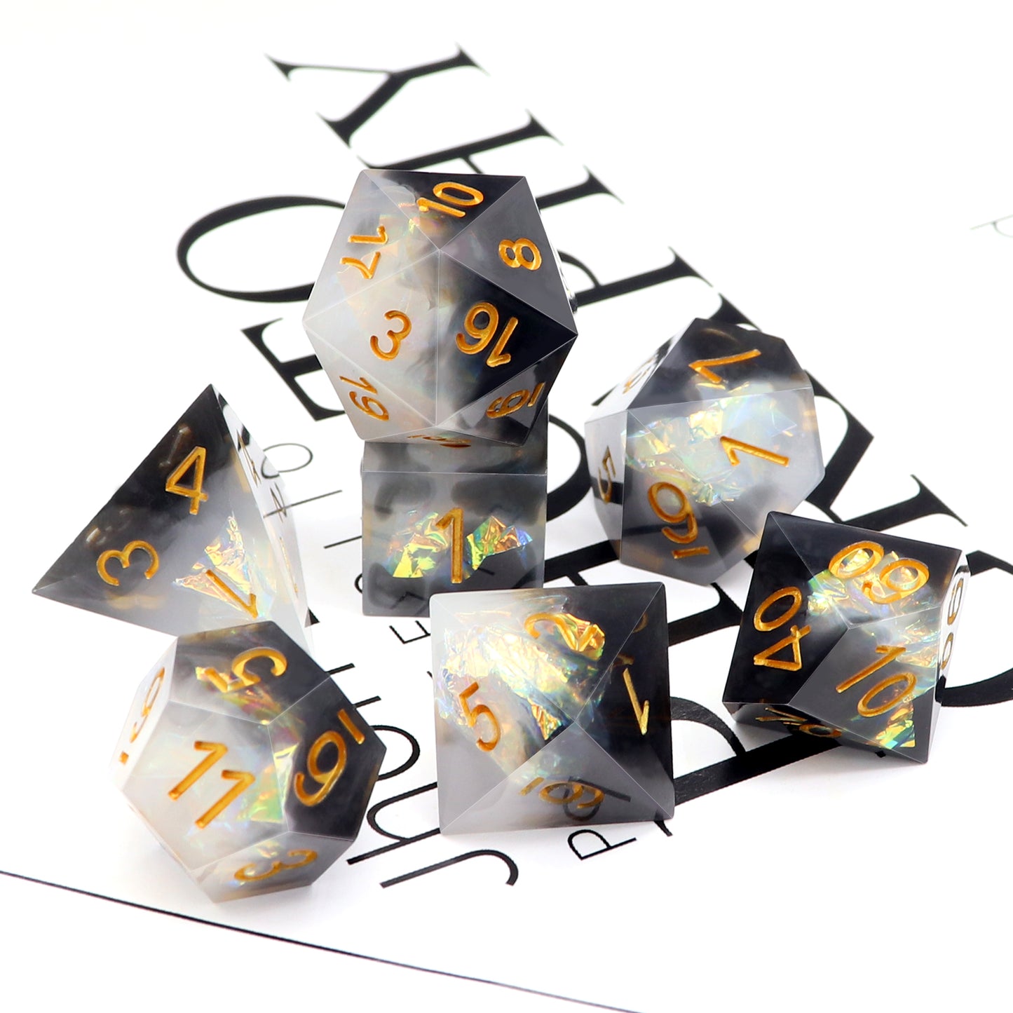 Haxtec Sharp Edge Dice Set DND Dice Black and White Resin Dice Iridecent Mylar Galaxy D&D Dice for RPG Role Playing Dungeons and Dragons Gift